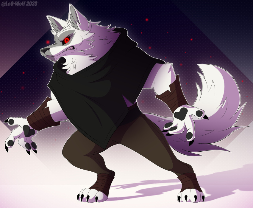 2023 4_fingers 4_toes anthro artist_name bottomwear canid canine canis claws clothing death_(puss_in_boots) digital_media_(artwork) digitigrade dreamworks feet finger_claws fingers fur hi_res leo-wolf looking_at_viewer male mammal pants puss_in_boots_(dreamworks) red_eyes sharp_teeth solo teeth toe_claws toes wolf year