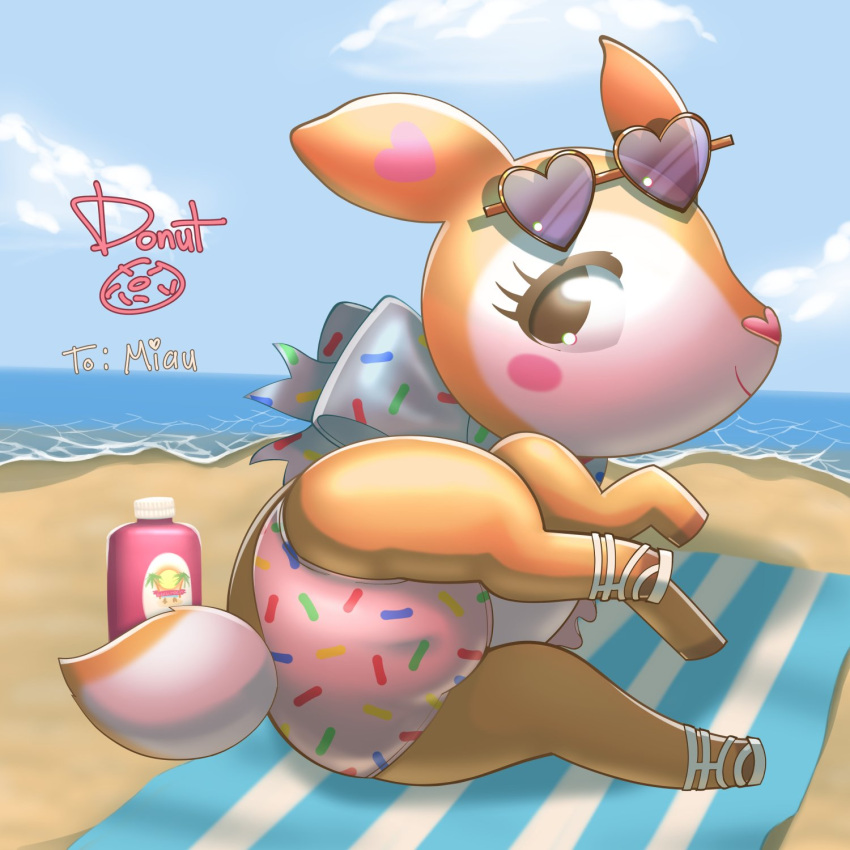 1:1 beach bikini bikini_bottom bikini_top clothing deer eyewear eyewear_on_head female footwear hi_res hummingmint lying mammal midriff misterdonut on_side pattern_bikini pattern_clothing pattern_swimwear pink_bikini_bottom pink_bikini_top sandals sanrio scut_tail seaside short_tail solo sunglasses sunglasses_on_head swimwear tail towel water