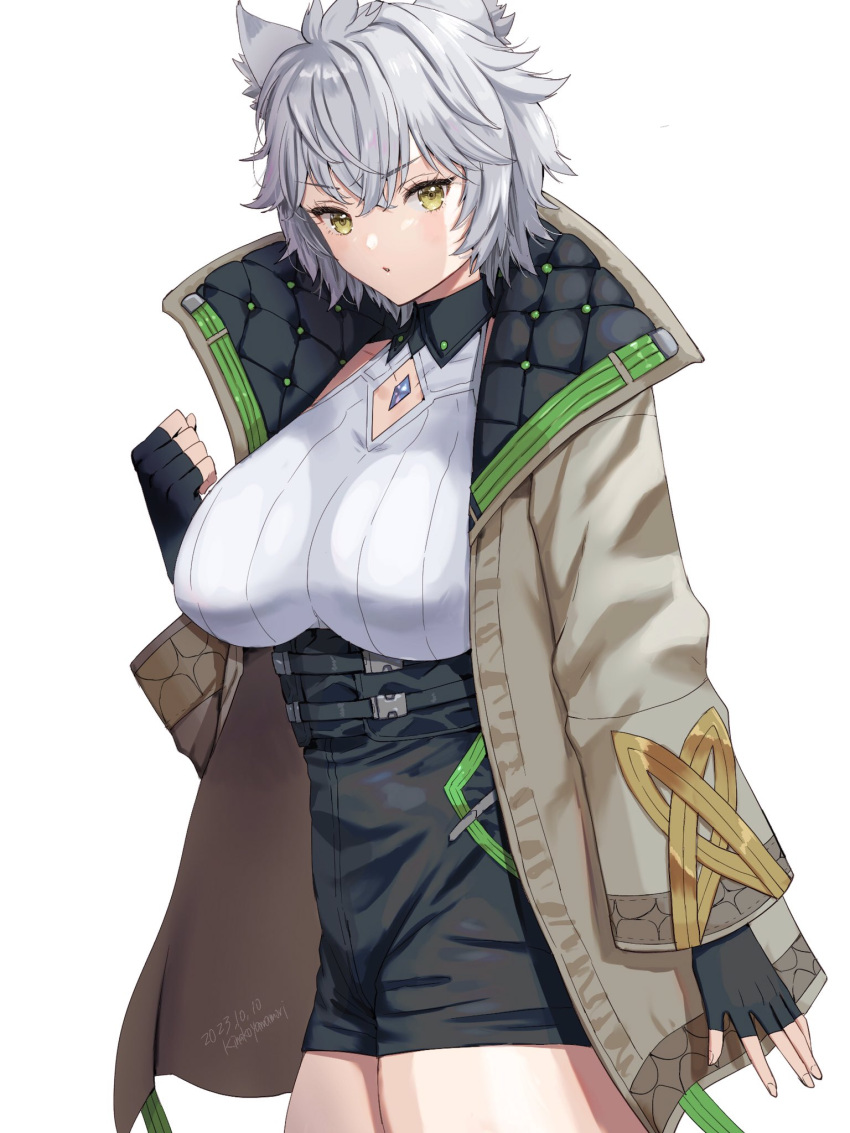 animal_ear_fluff animal_ears black_gloves black_shorts breasts brown_eyes brown_jacket clenched_hand commentary_request dated female fingerless_gloves gloves grey_hair hair_between_eyes hand_up high-waist_shorts highres jacket large_breasts long_sleeves na'el_(xenoblade) open_clothes open_jacket parted_lips shirt short_shorts shorts signature simple_background sleeveless sleeveless_shirt solo v-shaped_eyebrows white_background white_shirt wide_sleeves xenoblade_chronicles_(series) xenoblade_chronicles_3 xenoblade_chronicles_3:_future_redeemed yamamori_kinako