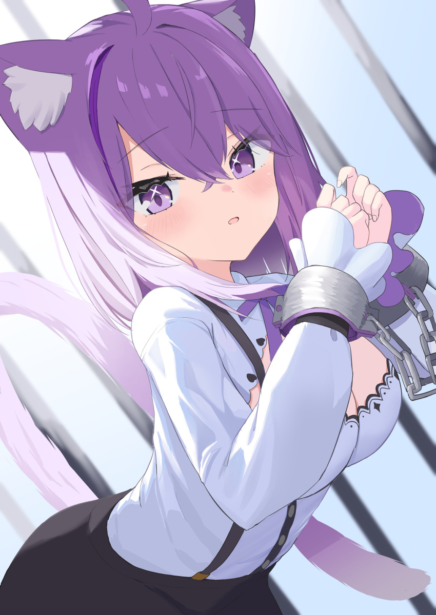 absurdres ahoge animal_ears breasts cat_ears cat_tail cleavage cleavage_cutout clothing_cutout cuffed cuffs female highres hololive iron_bars large_breasts minilotte nekomata_okayu nekomata_okayu_(wonderland) purple_eyes purple_hair shirt suspenders tail virtual_youtuber white_shirt