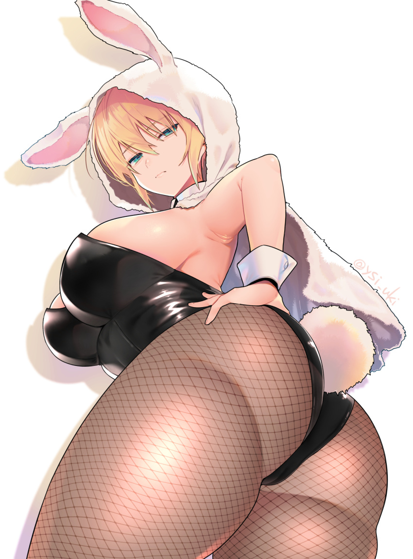 animal_hood armpit_crease armpit_peek ass blonde_hair breasts cameltoe capelet female fishnet_pantyhose fishnets from_below genderswap_(mtf) green_eyes hair_between_eyes half-closed_eyes hand_on_own_hip hato_yu-ki highleg highleg_leotard highres hood hooded_capelet large_breasts leotard looking_at_viewer looking_down pantyhose playboy_bunny rabbit_hood rabbit_tail rule_63 shadow short_hair sideboob solo standing tail thighs touken_ranbu white_background yamanbagiri_kunihiro