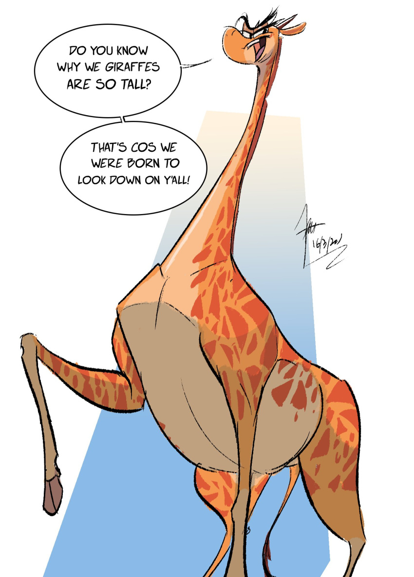 2023 belly colored describing_height describing_self dialogue digital_media_(artwork) english_text eyebrows eyelashes female feral giraffe giraffid hashira_the_giraffe height_teasing height_theme hi_res hooves horn long_neck looking_at_viewer looking_down looking_down_at_viewer low-angle_view mammal open_mouth ossicone raised_leg rhyme shaded signature smug solo speech_bubble talking_to_viewer teeth text windspan