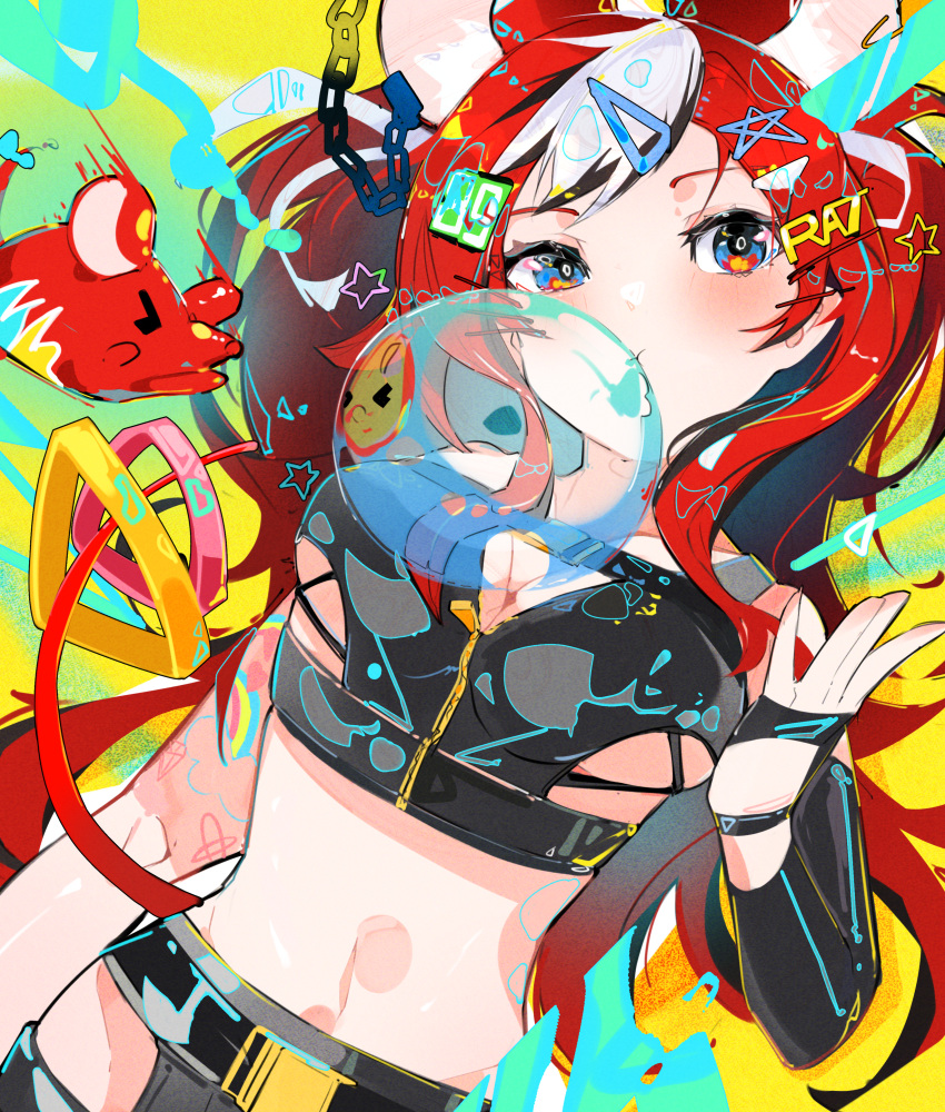 absurdres animal_ears black_gloves black_hair black_tube_top blue_eyes breasts chewing_gum cleavage crop_top elbow_gloves female fingerless_gloves gloves hair_ornament hairpin hakos_baelz hakos_baelz_(casual) highres hololive hololive_english long_hair looking_at_viewer medium_breasts mouse_ears mouse_girl mr._squeaks_(hakos_baelz) multicolored_hair number_hair_ornament official_alternate_costume red_hair sakusa_nn star_(symbol) star_hair_ornament strapless streaked_hair tube_top virtual_youtuber white_hair