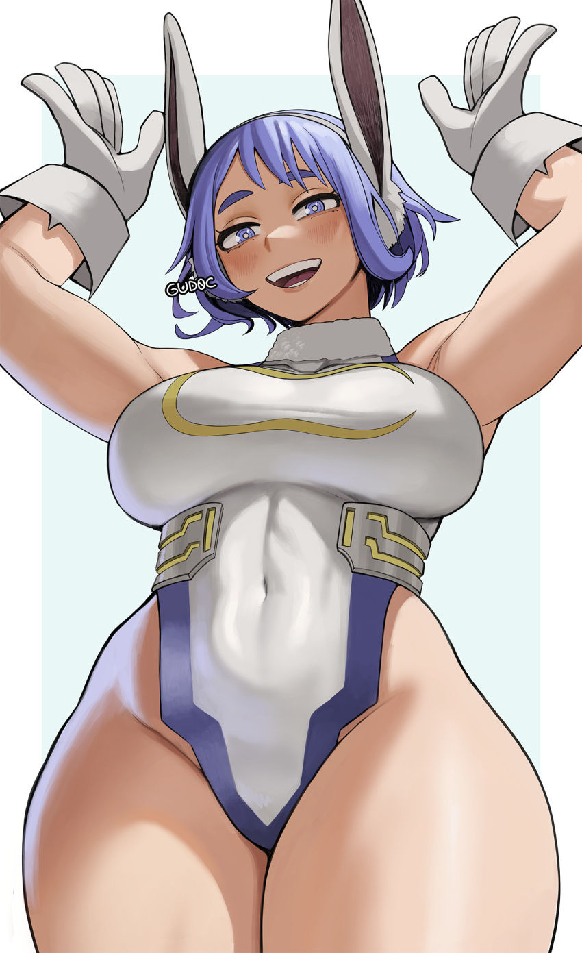 animal_ears arms_up artist_name blue_eyes blue_hair blush boku_no_hero_academia breasts bright_pupils commentary cosplay covered_navel cowboy_shot english_commentary fake_animal_ears female fur_collar gloves gud0c hadou_nejire highleg highleg_leotard highres large_breasts leotard looking_at_viewer mirko mirko_(cosplay) open_mouth paid_reward_available rabbit_ears short_hair simple_background smile solo thick_thighs thighs white_gloves white_leotard white_pupils