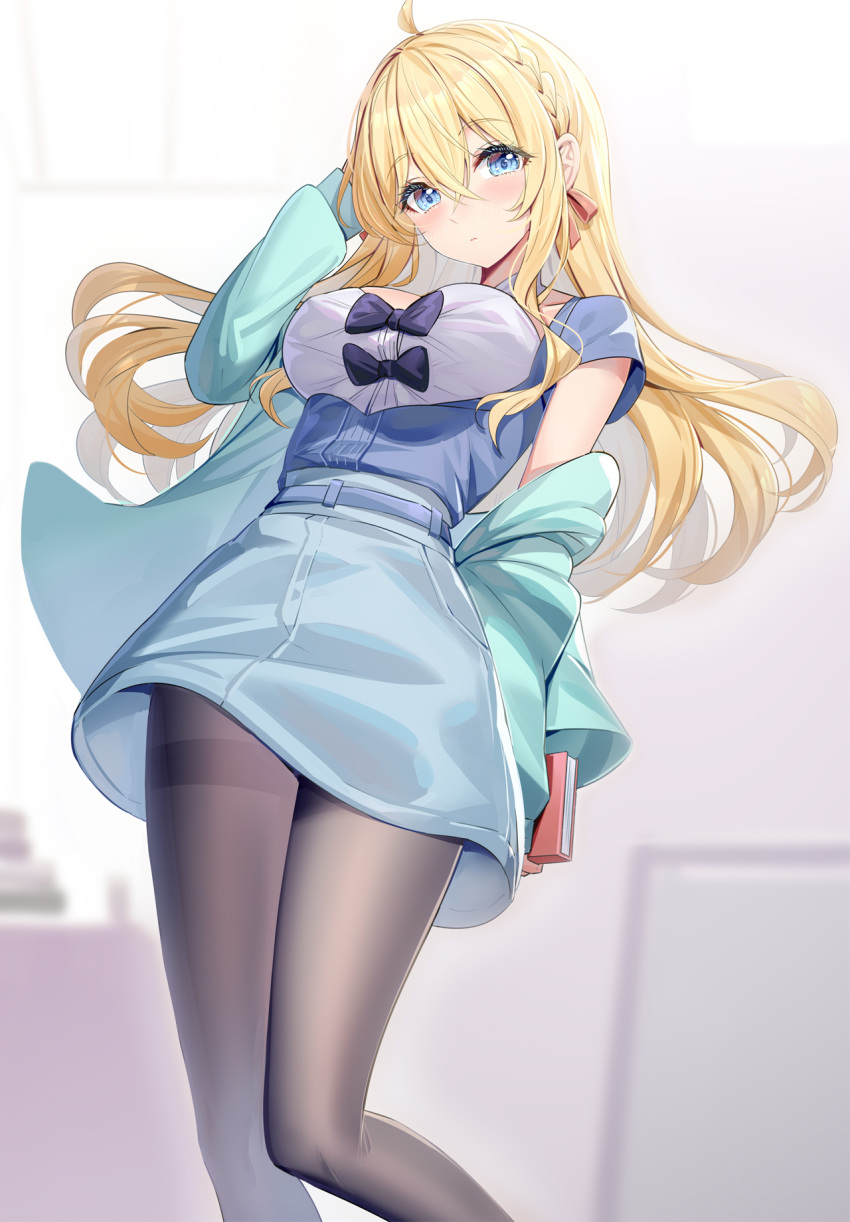 black_pantyhose black_ribbon blonde_hair blue_dress blue_eyes book braid breasts commentary_request cowboy_shot dress female hair_between_eyes hand_in_own_hair highres holding holding_book indoors large_breasts long_hair off_shoulder original pantyhose ribbon ririko_(zhuoyandesailaer) saegusa_futaba short_dress thighband_pantyhose