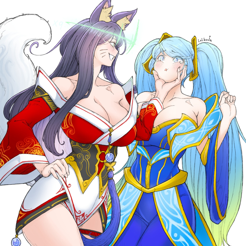 2girls ahri_(league_of_legends) animal_ears aura bare_shoulders black_hair blonde_hair blue_dress blue_eyes blue_hair blush breasts cleavage collarbone corruption crown dress fox_ears fox_girl fox_tail glowing glowing_eyes grabbing grabbing_another's_chin gradient_hair green_background hand_on_another's_chin hand_on_own_hip highres huge_breasts korean_commentary league_of_legends lolboja long_hair low_neckline multicolored_hair multiple_girls naughty_face possessed pout red_dress ruined_(league_of_legends) smile sona_(league_of_legends) tail tearing_up tears twintails very_long_hair viego_(league_of_legends) white_hair you_gonna_get_raped yuri