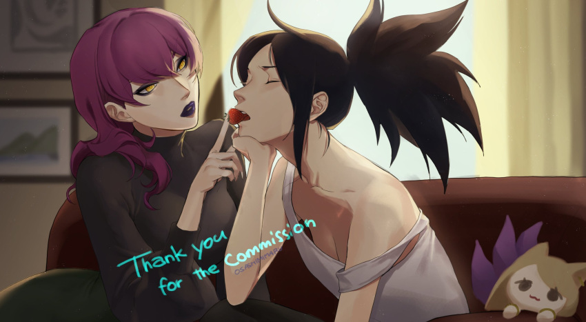 2girls ahri_(league_of_legends) akali artist_name bare_arms bare_shoulders black_hair black_sweater blurry blurry_background breasts character_doll cleavage closed_eyes commission couch english_text evelynn_(league_of_legends) feeding food fruit grey_shirt highres indoors k/da_(league_of_legends) k/da_ahri k/da_akali k/da_evelynn large_breasts league_of_legends long_hair long_sleeves mixed-language_commentary multiple_girls off_shoulder ponytail purple_hair purple_lips shirt sitting strawberry sweater wosashimi yuri