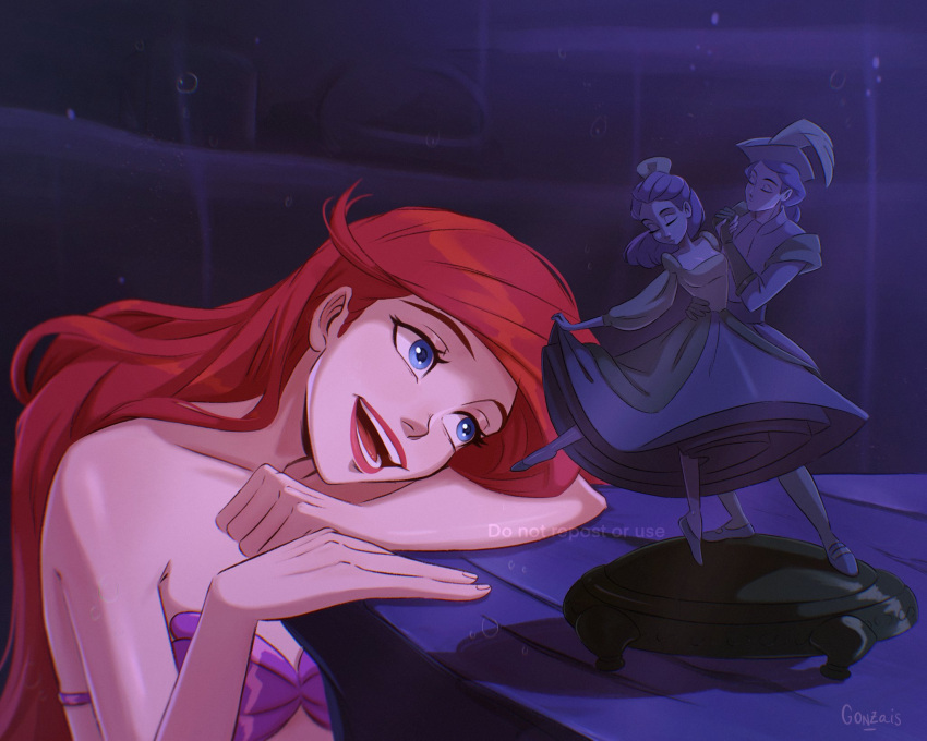 ariel_(disney) bare_shoulders blue_eyes female gonzais highres indoors long_hair open_mouth red_hair red_lips shell shell_bikini solo statue teeth the_little_mermaid upper_body