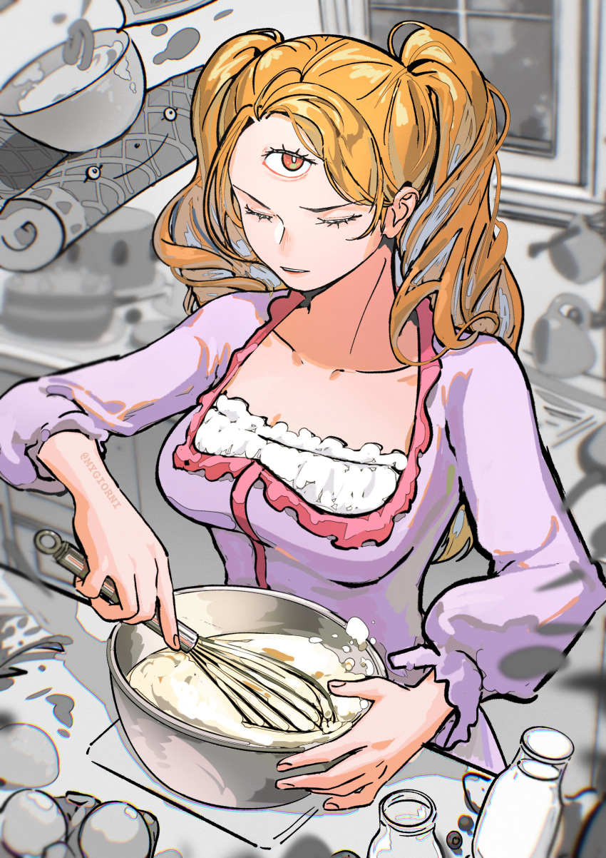 absurdres breasts charlotte_pudding closed_eyes cooking dress female highres long_hair medium_breasts monochrome_background mygiorni one_piece orange_hair purple_dress rabiyan_(one_piece) salt salt_shaker solo_focus spoilers third_eye twintails whisk whisking