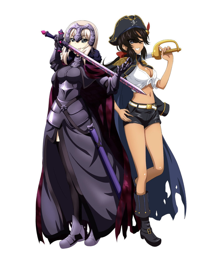 2girls :p armor armored_dress belt black_cape black_dress black_eyes black_footwear black_gloves black_hair black_headwear black_shorts black_thighhighs blue_eyes boots bow bowtie breasts cape commentary commission cosplay cutlass dark-skinned_female dark_skin dress epaulettes fate/grand_order fate_(series) front-tie_top fur-trimmed_cape fur_trim gauntlets girls_und_panzer gloves greaves grey_footwear grey_hair grin hair_over_one_eye hairbow halloween_costume hand_on_own_hip hat headgear highres holding holding_sword holding_weapon itsumi_erika jacket jacket_on_shoulders jeanne_d'arc_alter_(avenger)_(fate) jeanne_d'arc_alter_(avenger)_(fate)_(cosplay) jeanne_d'arc_alter_(fate) key_(gaigaigai123) long_dress long_hair looking_at_viewer low_ponytail medium_breasts medium_hair midriff multiple_girls navel ogin_(girls_und_panzer) one_eye_closed pirate_hat red_bow red_bowtie scabbard sheath shirt short_shorts shorts side-by-side simple_background smile standing standing_on_one_leg sword thighhighs tongue tongue_out torn_cape torn_clothes unsheathed weapon white_background white_belt white_shirt