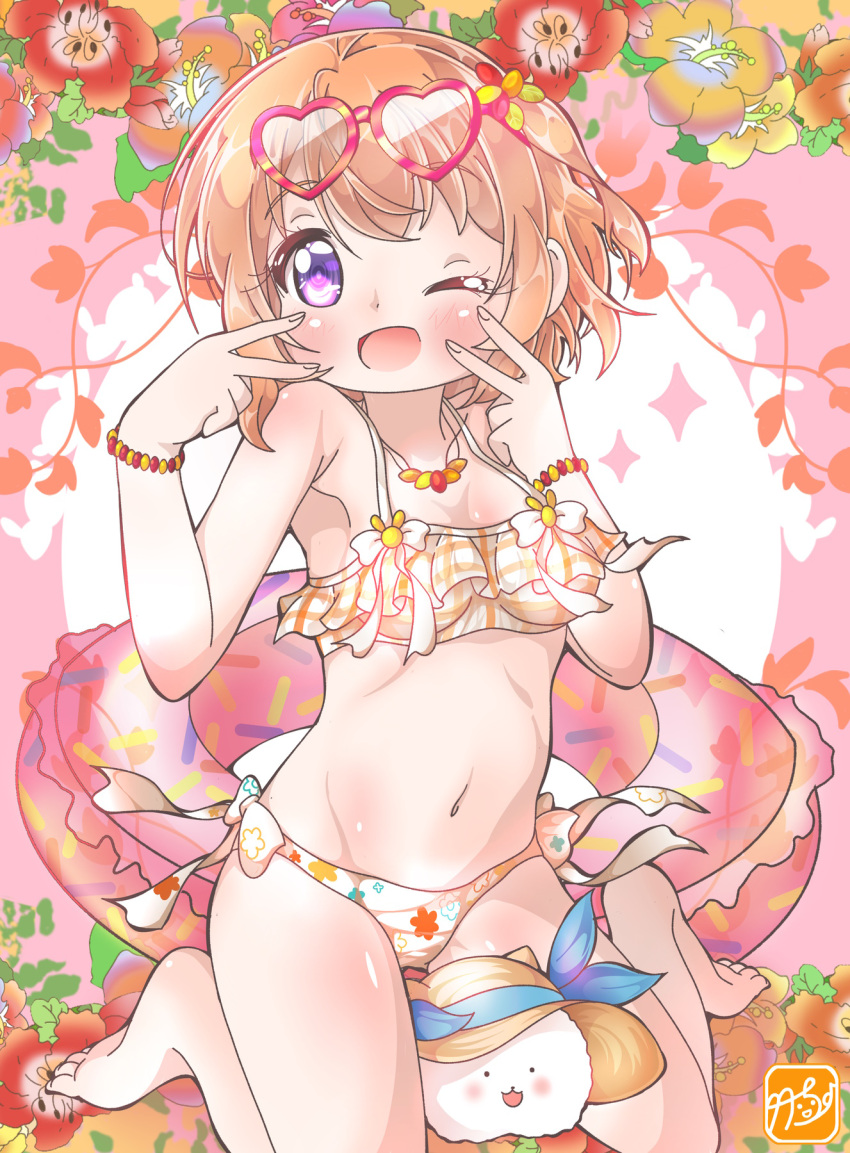 angora_rabbit bikini blush female frilled_bikini frills gochuumon_wa_usagi_desu_ka? hands_on_own_cheeks hands_on_own_face hat heart heart-shaped_eyewear highres hoto_cocoa looking_at_viewer one_eye_closed open_mouth orange_hair purple_eyes rabbit short_hair sitting smile swimsuit takecho tippy_(gochiusa) wariza