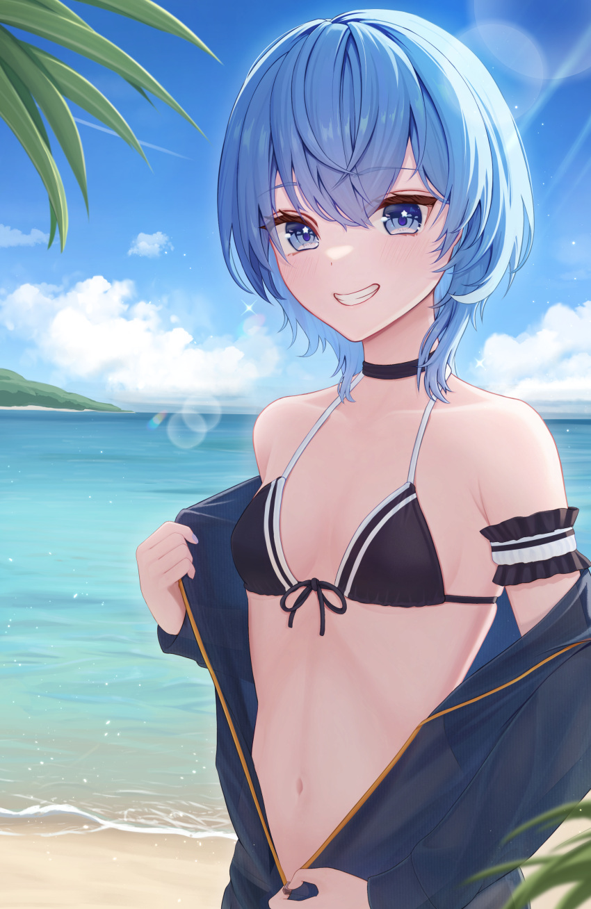 absurdres arm_garter bare_shoulders beach bikini black_bikini black_choker blue_eyes blue_hair blue_jacket blue_sky breasts choker cloud collarbone commentary_request day female grin highres hololive hoshimachi_suisei jacket kamota_(kamotadm) lens_flare looking_at_viewer navel ocean open_clothes open_jacket outdoors revision short_hair sky small_breasts smile solo star_(symbol) star_in_eye stomach swimsuit symbol_in_eye teeth unzipping upper_body virtual_youtuber