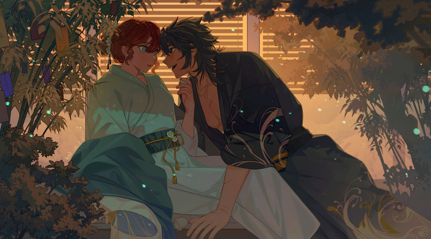 1boy absurdres aqua_kimono black_hair blue_kimono blush couple dark-skinned_male dark_skin female female_saniwa_(touken_ranbu) floral_print flower green_eyes hair_between_eyes hair_bun highres hirono1118 japanese_clothes kimono light_particles looking_at_another mutsu-no-kami_yoshiyuki open_mouth orange_eyes pectorals plant red_hair saniwa_(touken_ranbu) scar scar_on_chest short_hair single_hair_bun sitting smile tanabata touken_ranbu white_flower window_blinds