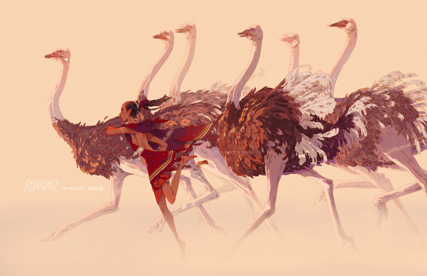 absurdres animal animal_focus artist_name artstation_username barefoot bird breasts closed_mouth commentary dark-skinned_female dark_skin dated dust english_commentary english_text female from_side grin highres large_breasts looking_ahead looking_to_the_side naked_scarf open_mouth orange_background original ostrich red_scarf running scarf sideboob sidelighting simple_background skinny smile topknot web_address xi_zhang yellow_background