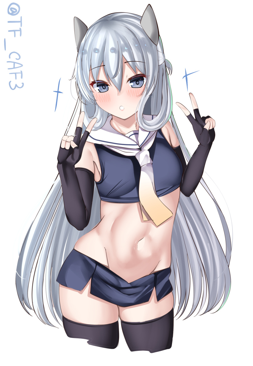 black_gloves black_thighhighs blue_eyes blue_hair blue_skirt commentary_request crop_top double_v elbow_gloves fake_horns female fingerless_gloves gloves gradient_neckerchief grey_hair hair_between_eyes hands_up headgear highres horned_headwear horns i-203_(kancolle) kantai_collection light_blush long_hair looking_at_viewer microskirt midriff navel neckerchief nontraditional_school_swimsuit one-hour_drawing_challenge parted_lips pencil_skirt sailor_collar school_swimsuit sidelocks skirt sleeveless solo sparkle swimsuit tf_cafe thighhighs twitter_username v white_background white_neckerchief white_sailor_collar