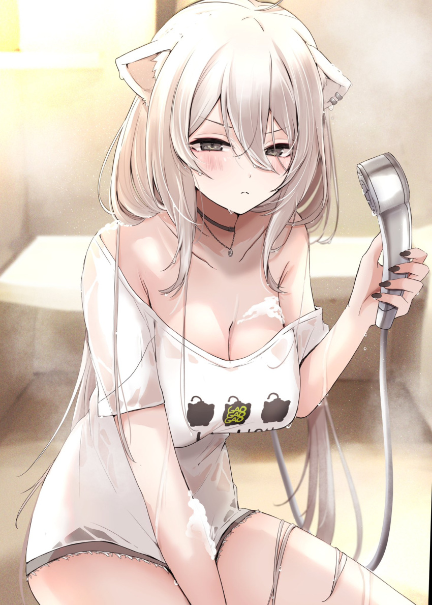 animal_ear_fluff animal_ears bathroom black_choker black_shorts blush breasts choker cleavage closed_mouth collarbone commentary_request denim denim_shorts double-parted_bangs female frown grey_eyes grey_hair hair_between_eyes hand_up highres holding holding_shower_head hololive indoors jewelry large_breasts lion_ears long_hair looking_at_viewer necklace nerorigogo off_shoulder official_alternate_costume shirt shishiro_botan shishiro_botan_(casual) short_shorts short_sleeves shorts shower_head single_off_shoulder solo thighs v-shaped_eyebrows very_long_hair virtual_youtuber wet wet_clothes wet_shirt white_shirt