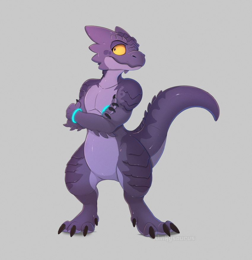 2023 ambiguous_gender anthro artist_name belly black_claws claws dinkysaurus featureless_chest featureless_crotch hi_res kobold nil no_sclera purple_body purple_scales scales scalie signature simple_background solo tail tailbutt thick_tail watermark yellow_eyes