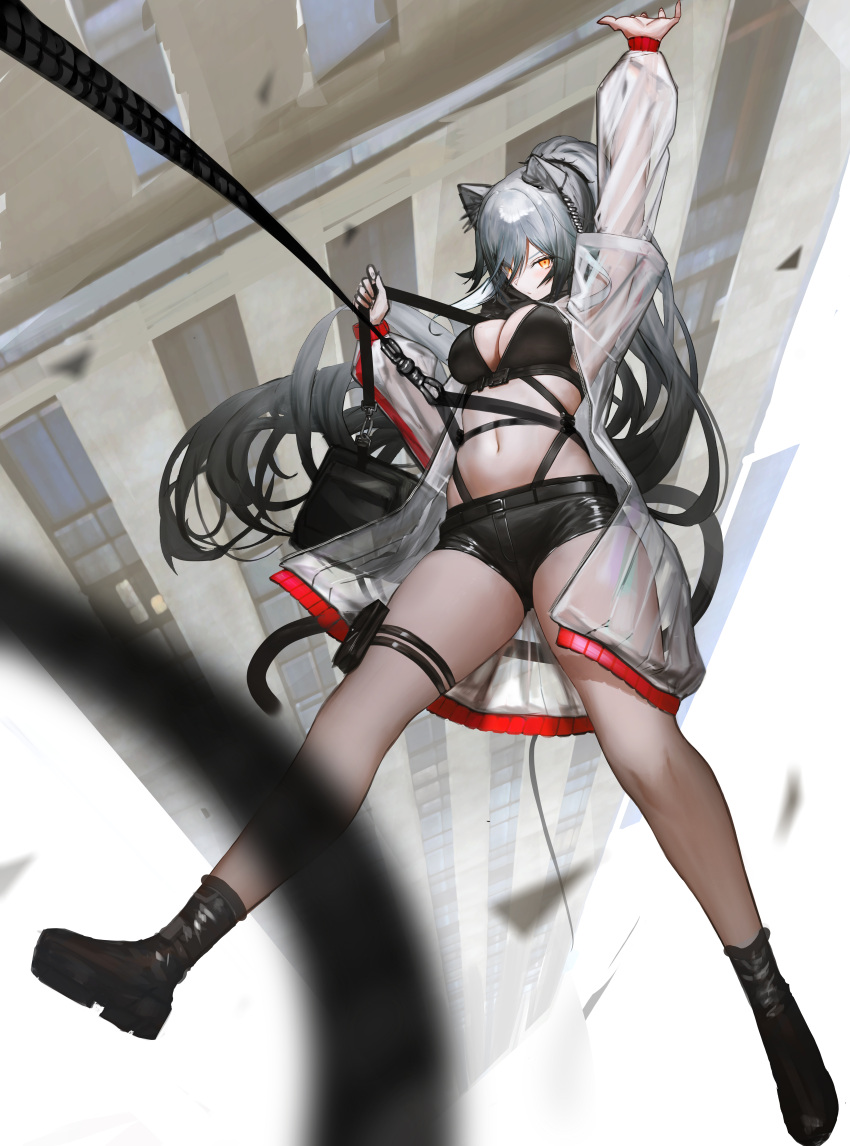 absurdres animal_ears arknights arm_up black_footwear black_shirt black_shorts boots breasts cat_ears cleavage commentary falling female full_body ganet_p grey_hair hair_between_eyes highres jacket large_breasts long_hair looking_at_viewer midriff navel open_clothes open_jacket orange_eyes ponytail rappelling schwarz_(arknights) see-through see-through_jacket shirt short_shorts shorts solo very_long_hair white_jacket