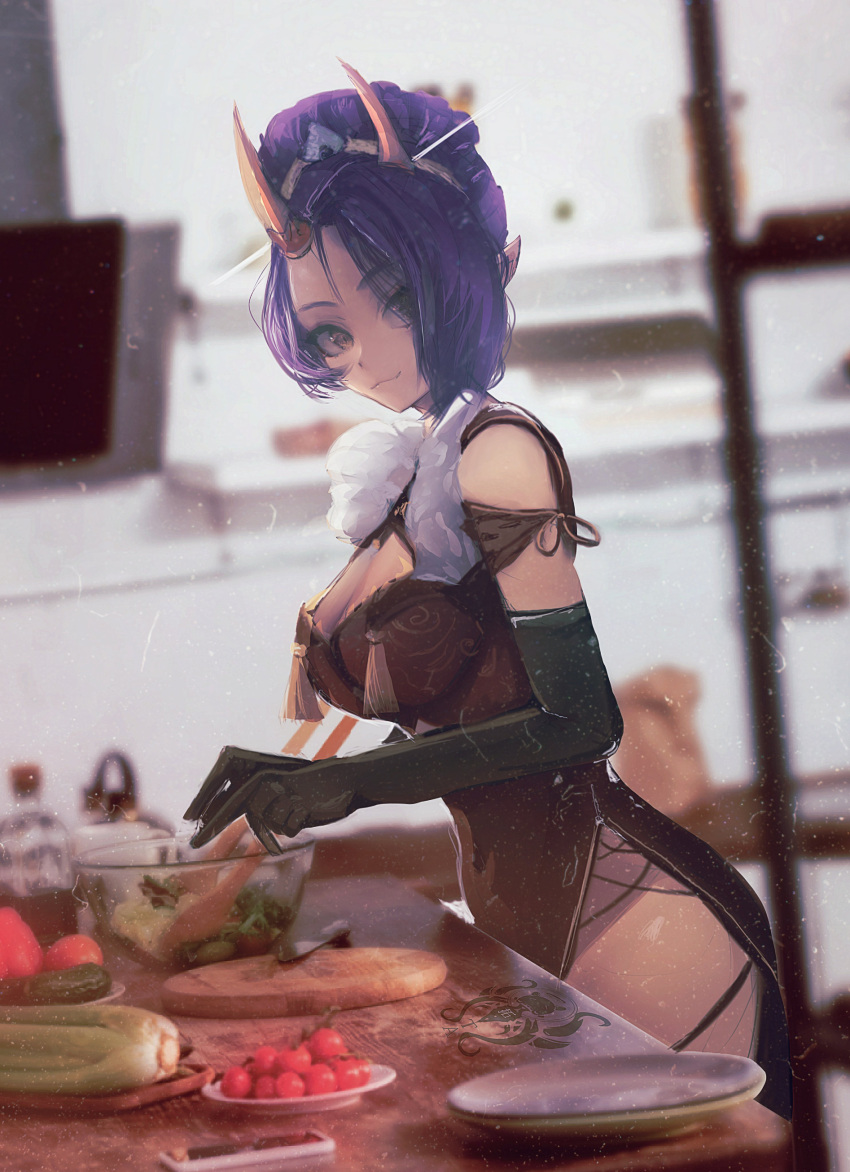 absurdres black_gloves breasts celery cherry_tomato cleavage cleavage_cutout clothing_cutout dress elbow_gloves female film_grain food_request gloves highres horns indie_virtual_youtuber kitchen large_breasts looking_at_viewer oni oni_horns onigiri_(vtuber) onigiri_(vtuber)_(new_year) plate pointy_ears purple_eyes purple_hair red_dress salad salad_bowl smile solo taku_artworks tomato virtual_youtuber