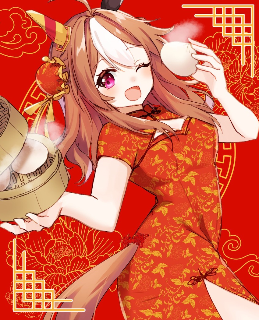 ;d ahoge alternate_costume animal_ears baozi brown_hair bun_cover china_dress chinese_clothes commentary_request copano_rickey_(umamusume) double_bun dress ear_covers female food from_side hair_bun highres holding holding_food horse_ears horse_girl horse_tail long_hair looking_at_viewer looking_to_the_side medium_hair multicolored_hair nakichi_n oerba_yun_fang one_eye_closed pelvic_curtain red_dress side_slit smile solo tail tail_through_clothes three_quarter_view two-tone_hair umamusume white_hair