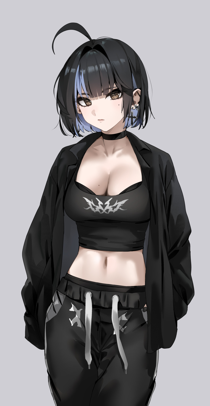 absurdres ahoge black_choker black_hair black_jacket black_pants blue_hair breasts brown_eyes choker cleavage collarbone cross cross_earrings earrings female grey_background hands_in_pockets highres irene_(kanniiepan) jacket jewelry kanniiepan looking_at_viewer medium_breasts midriff mole mole_on_breast mole_under_eye multicolored_hair navel original pants short_hair simple_background single_earring solo standing two-tone_hair