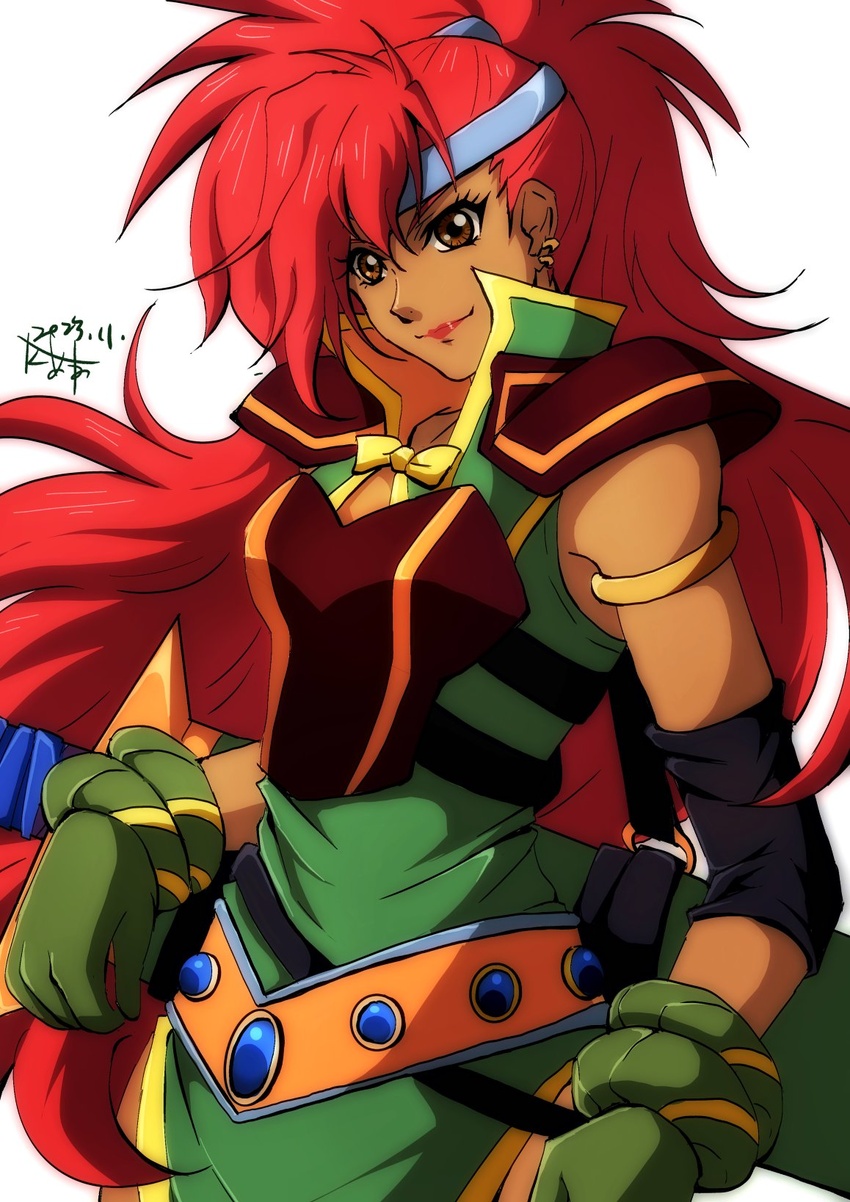 akane_kazami armor belt bow bowtie brown_eyes dark-skinned_female dark_skin earrings female gloves headband highres jewelry lipstick long_hair makeup mary_argent ponytail red_hair ribbon scabbard sheath simple_background solo sword tales_of_(series) tales_of_destiny weapon white_background yellow_ribbon