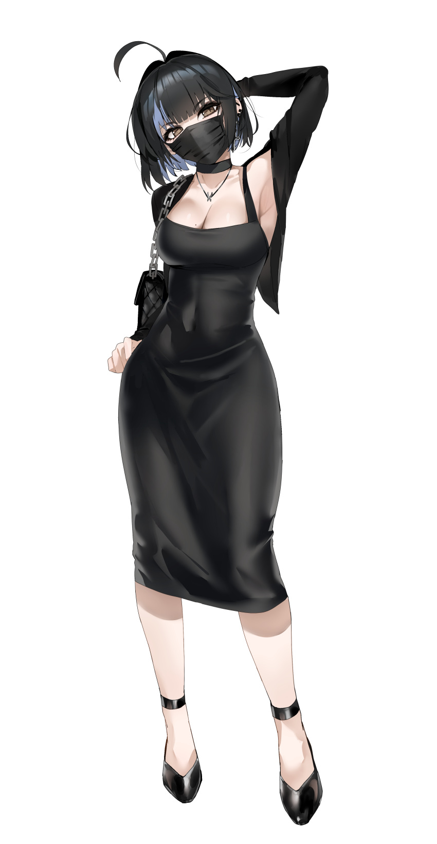 absurdres ahoge arm_behind_head armpits black_bag black_dress black_footwear black_hair black_mask breasts brown_eyes cleavage covered_navel dongtan_dress dress earrings female full_body hair_ornament hand_on_own_hip highres irene_(kanniiepan) jewelry kanniiepan looking_at_viewer mask medium_breasts meme_attire mole mole_on_breast mouth_mask original revision shoes short_hair simple_background solo standing white_background x_hair_ornament