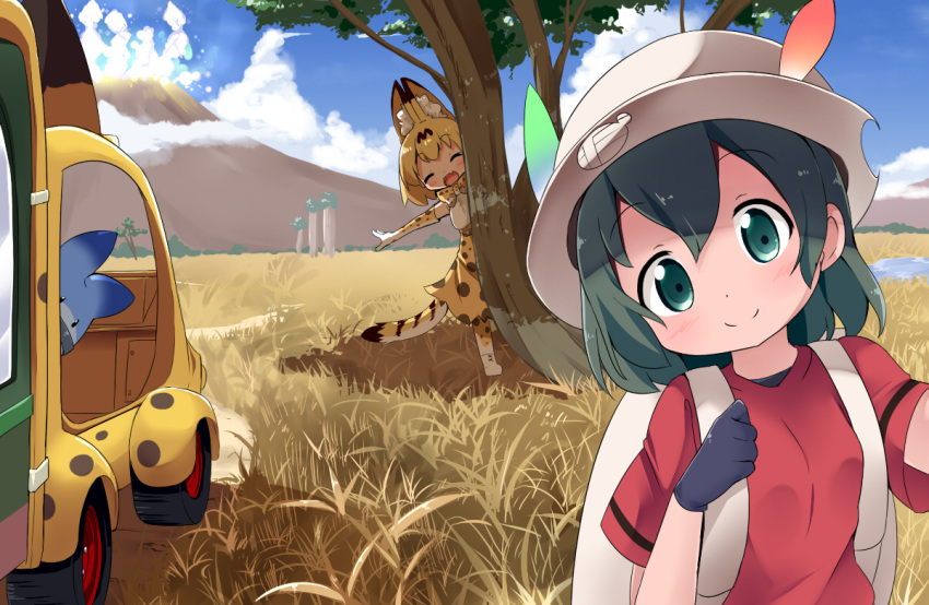 animal_humanoid bus cloud colored commercial_vehicle dry_grass duo felid felid_humanoid feline feline_humanoid female grass human humanoid japari_bus kaban-chan kemono_friends lucky_beast machine makuran mammal mammal_humanoid mountain plant public_transportation robot serval-chan serval_humanoid shaded sky tree vehicle vehicle_for_hire volcano young