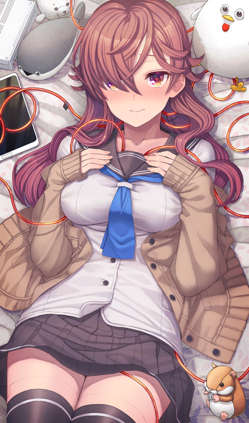 android android_girl_(itou) black_thighhighs blue_neckerchief blush breasts brown_eyes brown_hair brown_skirt cable cardigan closed_mouth commentary_request female hair_over_one_eye hands_on_own_chest highres itou_(onsoku_tassha) joints long_hair long_sleeves looking_at_viewer lying medium_breasts neckerchief off_shoulder on_back on_bed original pleated_skirt robot_joints school_uniform serafuku shirt skirt sleeves_past_wrists solo stuffed_animal stuffed_toy tablet_pc thighhighs thighs white_shirt zettai_ryouiki