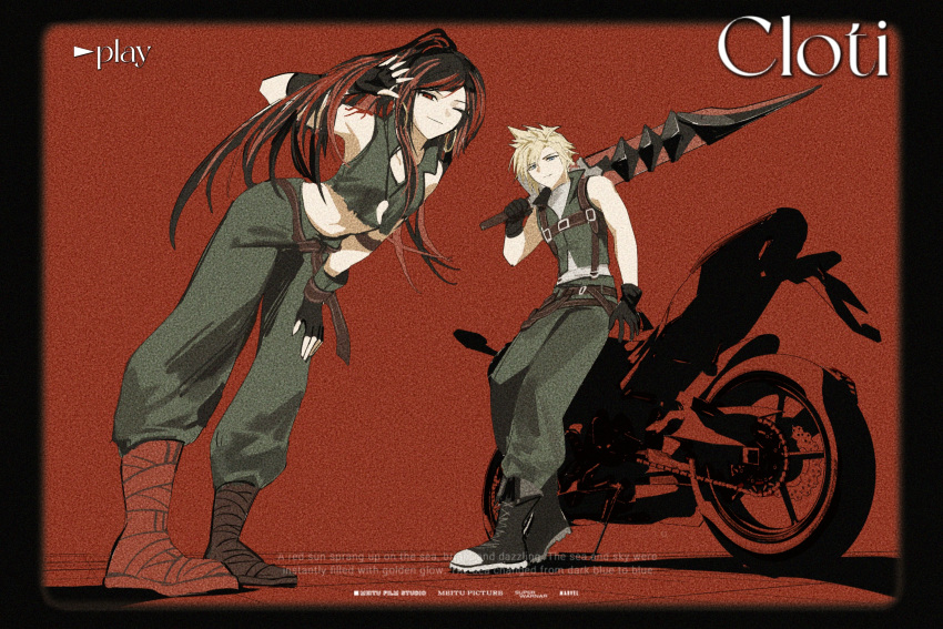 1boy absurdres black_hair cloud_strife cloud_strife_(zidane's_outfit) cosplay crop_top dreadlocks duoj_ji female final_fantasy final_fantasy_ix final_fantasy_vii final_fantasy_vii_ever_crisis fingerless_gloves gloves highres leaning_forward motor_vehicle motorcycle multicolored_hair official_alternate_costume official_alternate_hairstyle over_shoulder red_background red_hair revision salamander_coral salamander_coral_(cosplay) sleeveless smile sword tifa_lockhart tifa_lockhart_(amarant's_guise) two-tone_hair weapon weapon_over_shoulder zidane_tribal zidane_tribal_(cosplay)