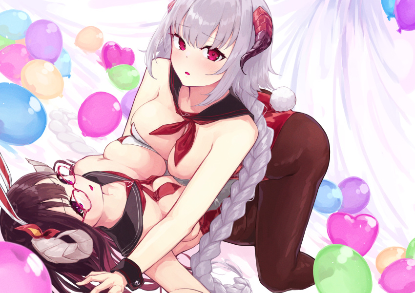 2girls alternate_costume animal_ears azur_lane balloon breast_press breasts brown_hair brown_pantyhose fake_animal_ears fake_tail glasses grey_hair heart_balloon highleg highleg_leotard highres horns kneeling large_breasts leotard long_hair looking_at_viewer lying multiple_girls nuernberg_(azur_lane) on_back pantyhose playboy_bunny rabbit_ears rabbit_tail red_eyes red_leotard strapless strapless_leotard suruga_(azur_lane) symmetrical_docking tail umiya_mizuki very_long_hair yuri