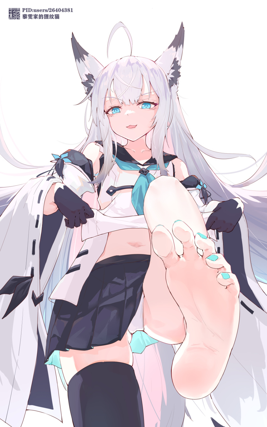 absurdres animal_ear_fluff animal_ears azur_lane barefoot black_gloves black_sailor_collar black_skirt black_thighhighs blue_eyes blue_neckerchief blue_ribbon clothes_lift detached_sleeves feet female foot_focus fox_ears fox_girl gloves highres kawakaze_(azur_lane) liwendala long_hair looking_at_viewer nail_polish navel neckerchief panties ribbon ribbon-trimmed_sleeves ribbon_trim sailor_collar shirt_lift skirt smug soles solo thighhighs toe_scrunch toenail_polish toenails toes underwear upskirt white_hair white_panties wide_sleeves