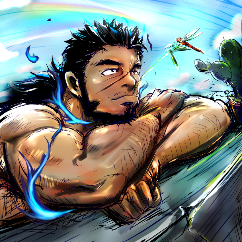 1boy arm_hair bara beard black_hair blue_fire bug dark-skinned_male dark_skin doro_rich dragonfly facial_hair fire forked_eyebrows highres light_smile lying male_focus mature_male muscular muscular_male mustache_stubble nude on_stomach pectorals rainbow sandayu_(housamo) scar scar_on_cheek scar_on_face solo stubble thick_eyebrows tokyo_afterschool_summoners unfinished upper_body