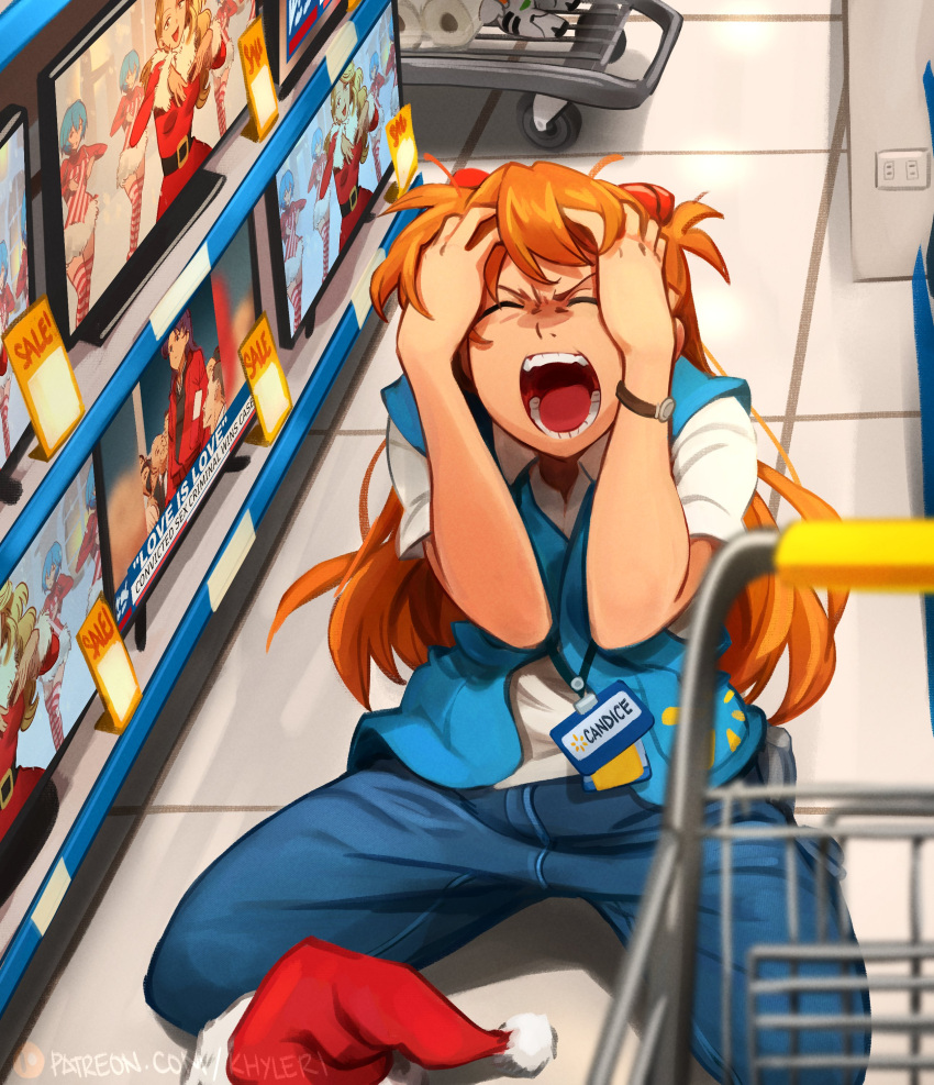 absurdres artist_name ayanami_rei blue_pants blue_vest christmas closed_eyes commentary convenience_store denim english_commentary female fine_art_parody freedom_of_speech hands_on_own_head hat highres id_card katsuragi_misato khyle. long_hair mariah_carey neon_genesis_evangelion on_floor open_mouth orange_hair pants parody patreon_logo patreon_username real_life rei_chikita santa_hat screaming seiza shirt shop shopping_cart short_sleeves sitting souryuu_asuka_langley television toilet_paper vest walmart watch watermark web_address when_you_see_it white_shirt wristwatch