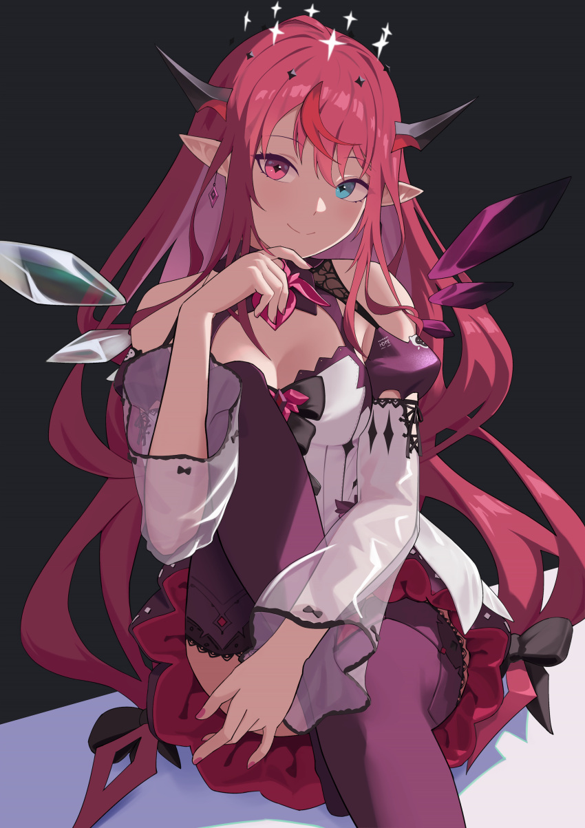 absurdres bare_shoulders black_bow blue_eyes bow breasts cleavage closed_mouth crystal_wings dress earrings english_commentary female hairbow halo head_tilt heterochromia highres hololive hololive_english horns irys_(hololive) irys_(irys_2.0)_(hololive) jewelry long_hair long_sleeves looking_at_viewer medium_breasts nail_polish pink_eyes pink_hair pink_nails pointy_ears purple_thighhighs see-through see-through_sleeves shift_(shiftillust) smile solo thighhighs very_long_hair virtual_youtuber white_dress