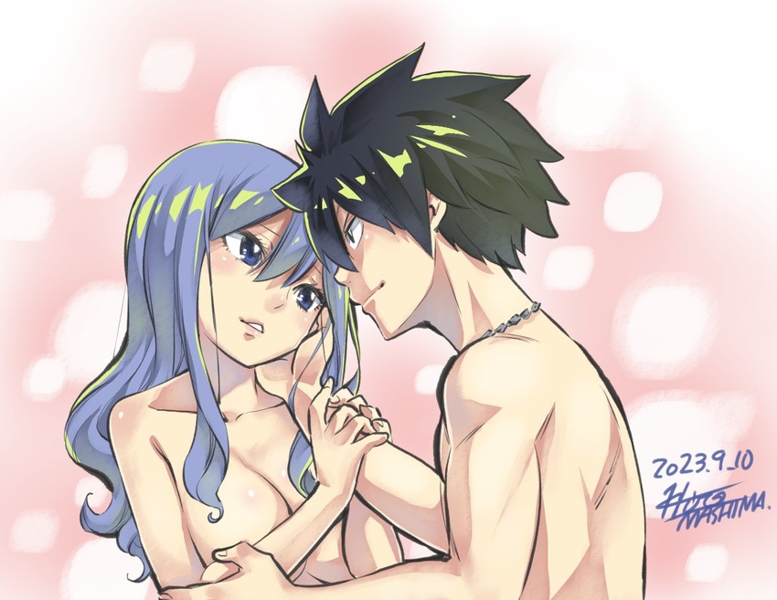 1boy artist_name black_hair blue_eyes blue_hair breasts closed_mouth collarbone dated fairy_tail female gray_fullbuster hair_between_eyes hand_on_another's_cheek hand_on_another's_face hands_on_another's_arm jewelry juvia_lockser long_hair looking_at_another mashima_hiro medium_breasts necklace nude official_art parted_lips pink_background shiny_skin short_hair signature spiked_hair upper_body