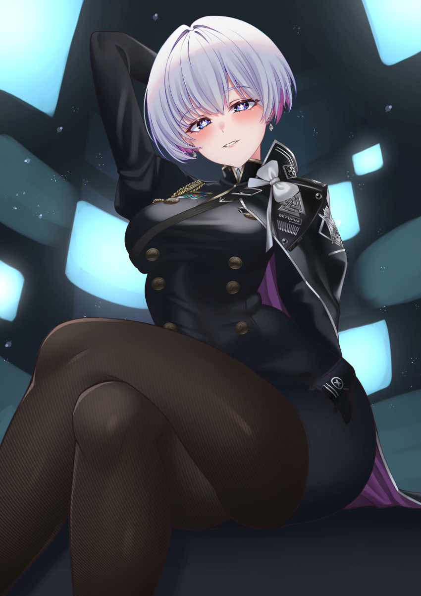 +_+ absurdres arm_behind_head black_cape black_jacket black_pantyhose blue_eyes blush breasts cape colored_inner_hair crossed_legs earrings female goddess_of_victory:_nikke grin highres jacket jewelry liliweiss_(nikke) medium_breasts military_uniform multicolored_hair pantyhose parted_lips pink_hair purple_cape short_hair sitting skin_tight smile solo star-shaped_pupils star_(symbol) symbol-shaped_pupils two-sided_cape two-sided_fabric uniform wanzi_(99wanzi99) white_hair