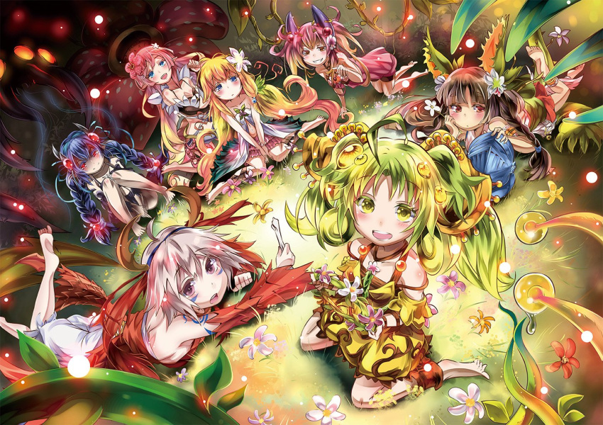 6+girls ahoge bare_shoulders barefoot black_hair blonde_hair blue_eyes blush braid breasts bridal_gauntlets brown_eyes brown_hair cleavage detached_sleeves dress duel_monster flower gradient_hair green_eyes green_hair grey_hair hair_flower hair_ornament horns jewelry long_hair looking_at_viewer medium_breasts medium_hair midriff multicolored_hair multiple_girls navel open_mouth orange_hair pink_hair pinko_(pinkuroao) pointy_ears purple_eyes purple_hair red_eyes red_hair second-party_source short_hair sitting smile traptrix_atrax traptrix_dionaea traptrix_mantis traptrix_myrmeleo traptrix_nepenthes traptrix_rafflesia traptrix_sera twintails very_long_hair yellow_dress yu-gi-oh!