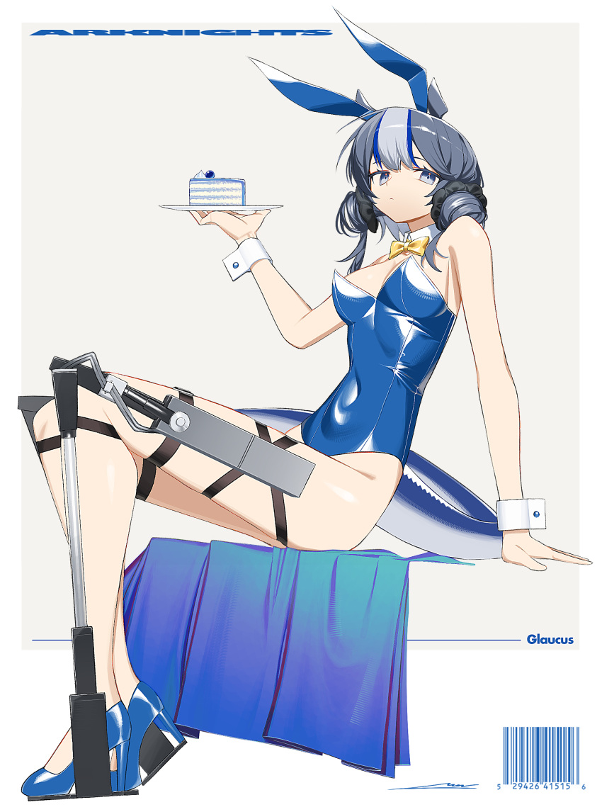 absurdres animal_ears arknights arm_support bad_id bad_pixiv_id barcode blue_eyes blue_footwear blue_hair blue_leotard breasts character_name cleavage copyright_name detached_collar double_bun fake_animal_ears female full_body glaucus_(arknights) hair_bun high_heels highres holding holding_plate leotard long_legs looking_at_viewer medium_breasts multicolored_hair necktie plate playboy_bunny rabbit_ears signal_1120 signature sitting solo strapless strapless_leotard tail white_wrist_cuffs wrist_cuffs yellow_necktie