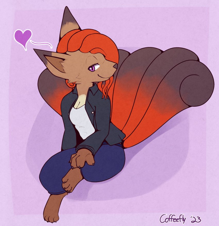 anthro black_clothing black_jacket black_tail black_topwear bottomwear breasts brown_body brown_fur cleavage clothed clothing coffeefly countershade_fur countershade_torso countershading denim denim_bottomwear denim_clothing dipstick_ears ear_markings female fur generation_1_pokemon gradient_tail hair heart_symbol hi_res jacket jeans looking_at_viewer looking_away multi_tail multicolored_ears nintendo orange_hair orange_tail pants pokemon pokemon_(species) purple_bottomwear purple_clothing purple_eyes purple_jeans purple_pants shirt sitting smile solo tail tan_body tan_countershading tan_fur te topwear vulpix white_clothing white_shirt white_topwear