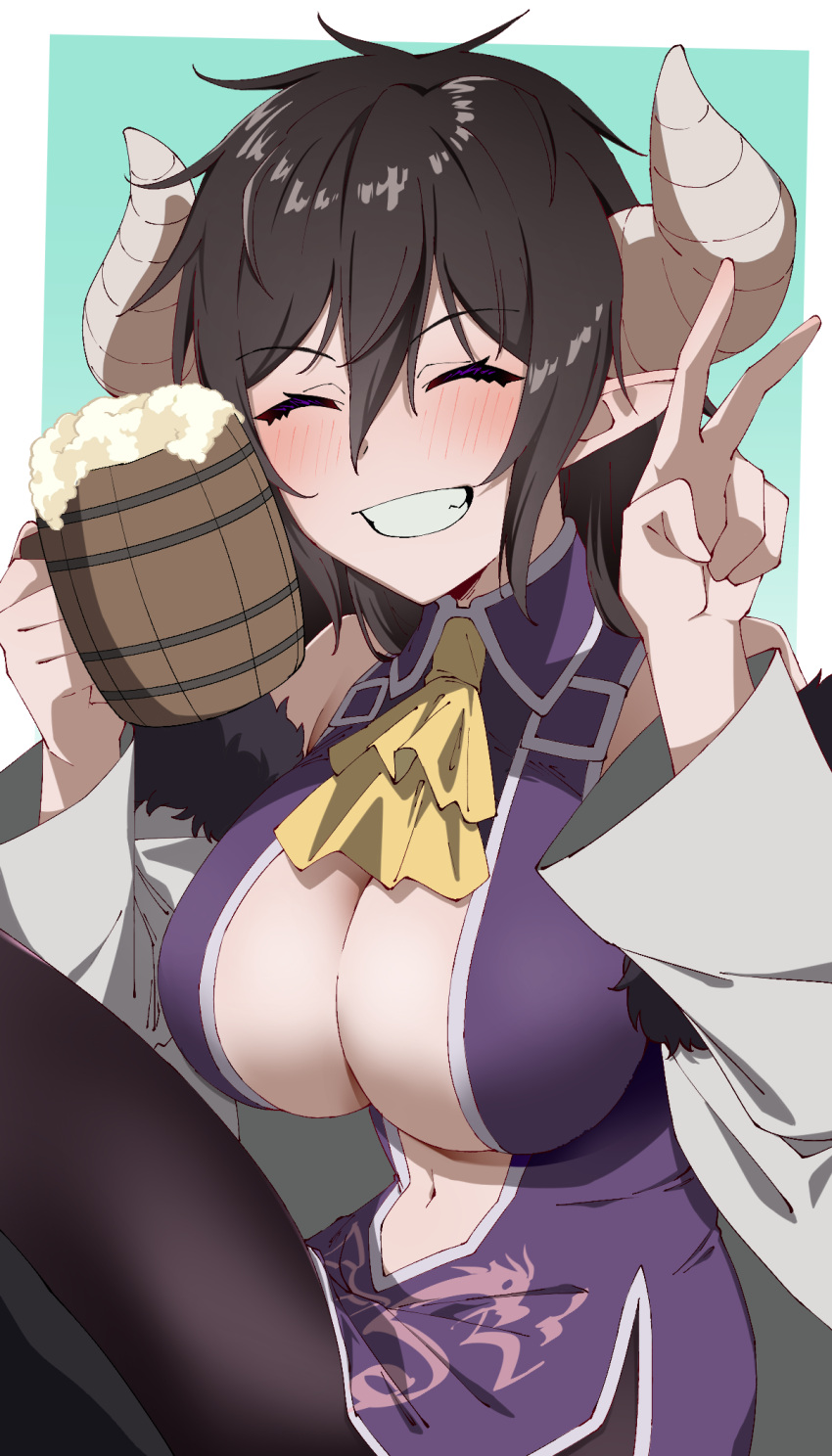 alcohol arms_up beer beer_mug black_hair black_pantyhose breasts cleavage clenched_teeth closed_mouth cup demon_girl demon_horns dress female green_background hal-bard highres horns isekai_one_turn_kill_nee-san:_ane_douhan_no_isekai_seikatsu_hajimemashita jacket kilmaria_(ichigeki_ane) large_breasts long_sleeves mug navel neckerchief pantyhose plunging_neckline purple_dress short_dress sleeveless sleeveless_dress smile solo teeth v white_jacket wooden_cup yellow_neckerchief