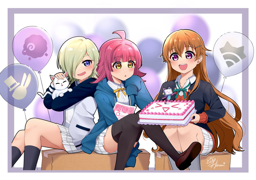 3girls absurdres ahoge animal balloon black_jacket black_socks black_thighhighs blonde_hair blue_hoodie blush box cake cardboard_box cardigan feline food green_ribbons grey_socks hair_over_one_eye hanpen_(nijigasaki) highres holding holding_animal holding_cake holding_cat holding_food hood hoodie jacket konoe_kanata long_hair long_sleeves looking_at_viewer love_live! love_live!_nijigasaki_high_school_idol_club medium_hair mia_taylor multiple_girls neck_ribbon nijigasaki_school_uniform plaid plaid_skirt pleated_skirt red_cardigan ribbon rina-chan_board school_uniform short_hair sitting ska.harumi skirt sleeves_past_wrists socks teeth tennoji_rina thighhighs upper_body upper_teeth_only white_cat white_jacket white_skirt wi-fi_symbol winter_uniform yellow_eyes yellow_ribbon zettai_ryouiki