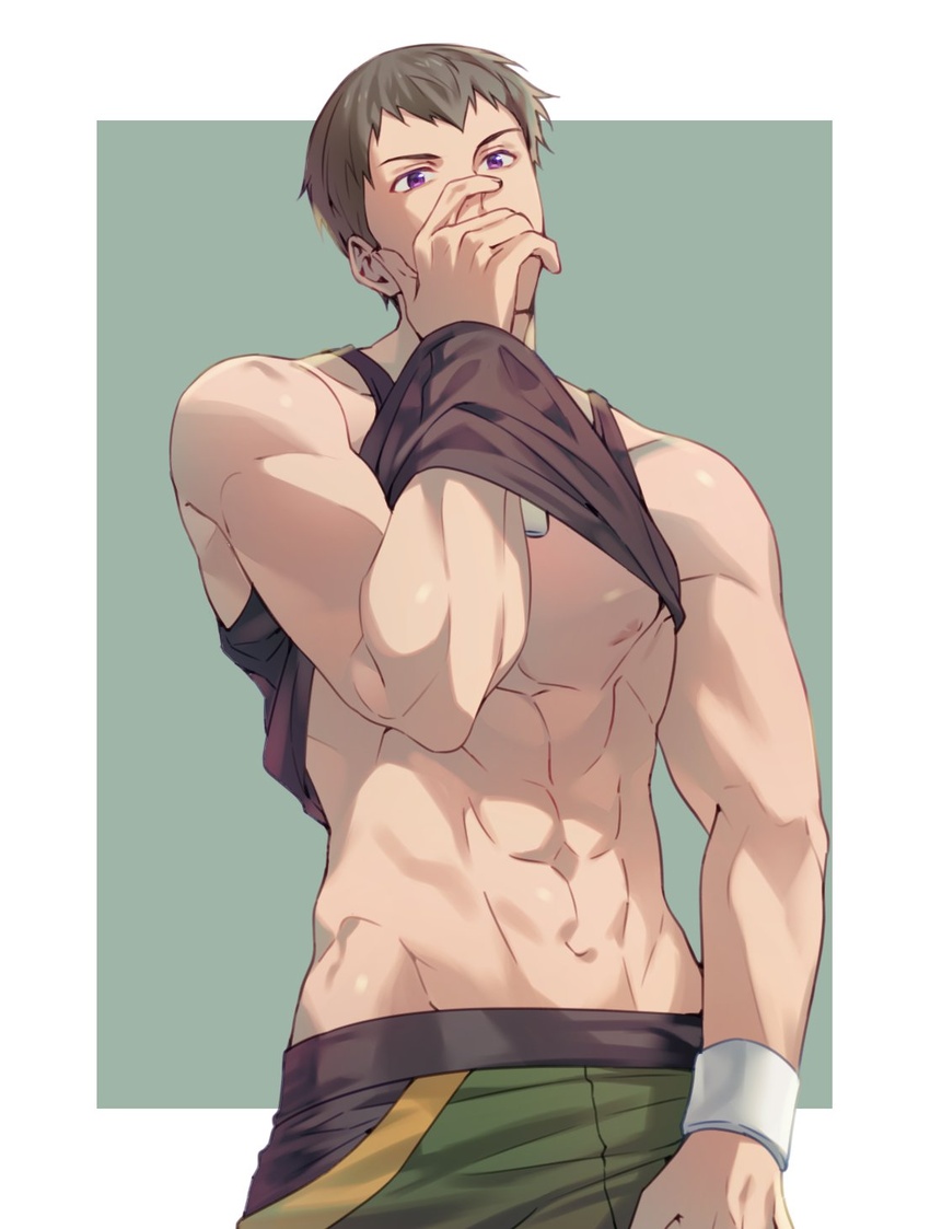 1boy abs armband bara bare_pectorals brown_hair brown_tank_top clothes_lift ddingdong77 derivative_work guilty_challenge_(meme) hand_on_own_face hand_under_clothes highres idolmaster idolmaster_side-m male_focus meme muscular muscular_male nipples pants pectorals purple_eyes shingen_seiji shirt_lift short_hair sideburns simple_background solo tank_top