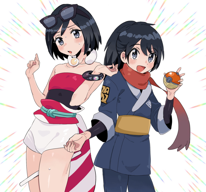 2boys :d :o black_hair blush bracelet calem_(pokemon) collar collarbone commentary_request cosplay eyelashes flute grey_eyes hands_up highres holding holding_poke_ball instrument irida_(pokemon) irida_(pokemon)_(cosplay) jacket jewelry leg_hold male_focus multiple_boys open_mouth poke_ball poke_ball_(legends) pokemon pokemon_legends:_arceus pokemon_xy ponytail red_scarf rei_(pokemon) sana_(37pisana) sash scarf shirt short_shorts shorts smile strapless strapless_shirt sunglasses sweat waist_cape white_background white_shorts