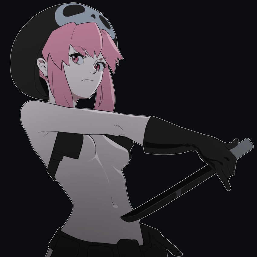 belt belt_pouch black_background black_gloves black_headwear breasts closed_mouth dagger female gloves highres holding holding_dagger holding_knife holding_weapon holster hong_doo jakuzure_nonon kill_la_kill knife naked_belt navel nudist_beach_uniform outline pink_eyes pink_hair pouch reverse_grip shoulder_holster simple_background skull_print small_breasts solo utility_belt weapon white_outline