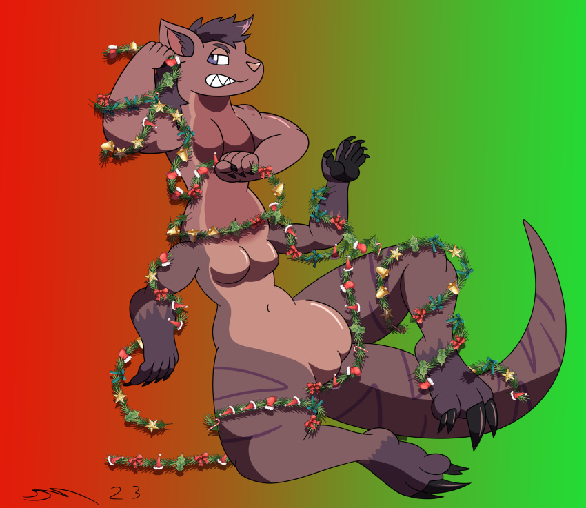 absurd_res angry annoyed anthro christmas garland hair hi_res holidays kangaroo mac-daddy macropod mammal marsupial ornament purple_hair sharp_teeth taur teeth