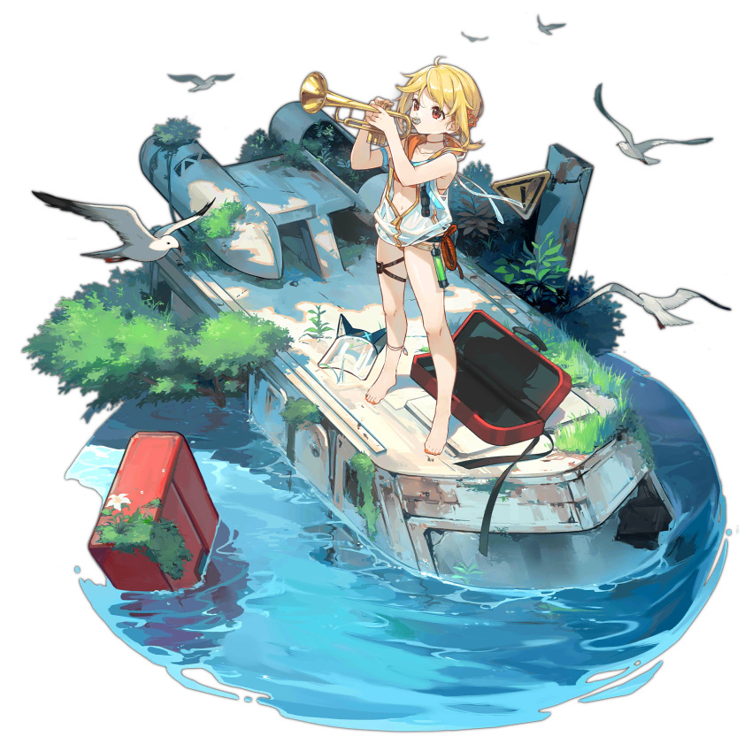 ahoge ankle_ribbon armband barefoot bikini bird blonde_hair blue_armband broken_glass feet female flower flower_request foliage full_body girls'_frontline glass grass highres holding_trumpet instrument instrument_case kinoshita_neko leg_ribbon mask music nagant_revolver_(girls'_frontline) nagant_revolver_(trumpeter_of_the_azure_waves)_(girls'_frontline) nature navel neck_ribbon object_request official_alternate_costume official_art orange_bikini orange_nails partially_immersed partially_unzipped playing_instrument red_eyes ribbon rope scope seagull see-through see-through_mask see-through_vest shadow short_hair_with_long_locks sign simple_background solo standing swimsuit thigh_strap third-party_source toenails toes transparent_background trumpet unworn_mask vehicle_request warning_sign water white_bird white_flower wreckage zipper