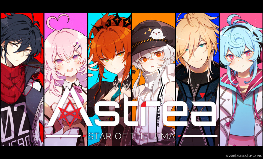 +_+ 2018 3boys 3girls antenna_hair aqua_eyes aqua_necktie astrea:_star_of_thelema bare_shoulders black_collar black_hair black_headwear black_jacket black_shirt blonde_hair blue_background blue_hair blue_hoodie blue_pupils blunt_bangs blush_stickers bow bowtie breasts cabbie_hat character_request cleavage_cutout closed_mouth clothes_around_waist clothing_cutout collar collared_shirt commentary copyright_name corset crown detached_collar ear_piercing english_commentary everyone eyelashes frown ghost_print glasses grey_eyes hair_ornament hairclip hat heart_antenna_hair hen-tie highres holding holding_removed_eyewear hood hood_down hoodie jacket jacket_around_waist jewelry large_breasts letterboxed lilium_(astrea) long_hair long_sleeves looking_at_viewer mole mole_under_eye multicolored_background multiple_boys multiple_girls necktie nona_(astrea) open_clothes open_jacket open_mouth orange_background orange_eyes orange_hair parted_lips partially_unzipped piercing pink_background pink_bow pink_bowtie pink_eyes pink_hair pink_headwear pink_hoodie pink_shirt ponytail purple_background red-framed_eyewear red_background red_scarf ring scarf seren_(astrea) shirt short_hair short_hair_with_long_locks shu_(astrea) sleeveless sleeveless_shirt smile sparkle striped_clothes striped_hoodie striped_scarf striped_shirt turtleneck two-sided_fabric two-sided_hoodie two-sided_jacket unworn_eyewear upper_body vertical-striped_clothes vertical-striped_scarf vertical-striped_shirt white_hair white_jacket white_scarf white_shirt wide_sleeves zipper