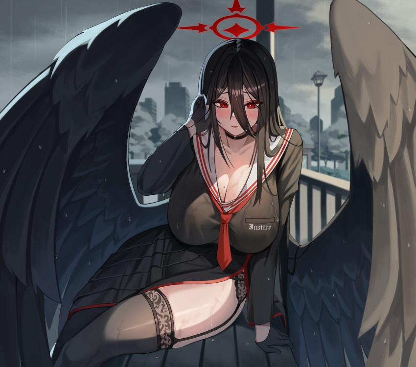 absurdres ass black_choker black_gloves black_hair black_serafuku black_thighhighs black_wings blue_archive blush breasts choker cleavage closed_mouth clothes_writing ddog feathered_wings female gloves hair_between_eyes halo hasumi_(blue_archive) highres large_breasts long_hair long_hair_between_eyes long_sleeves looking_at_viewer neckerchief red_eyes red_halo red_neckerchief sailor_collar school_uniform serafuku solo thighhighs very_long_hair white_sailor_collar wings