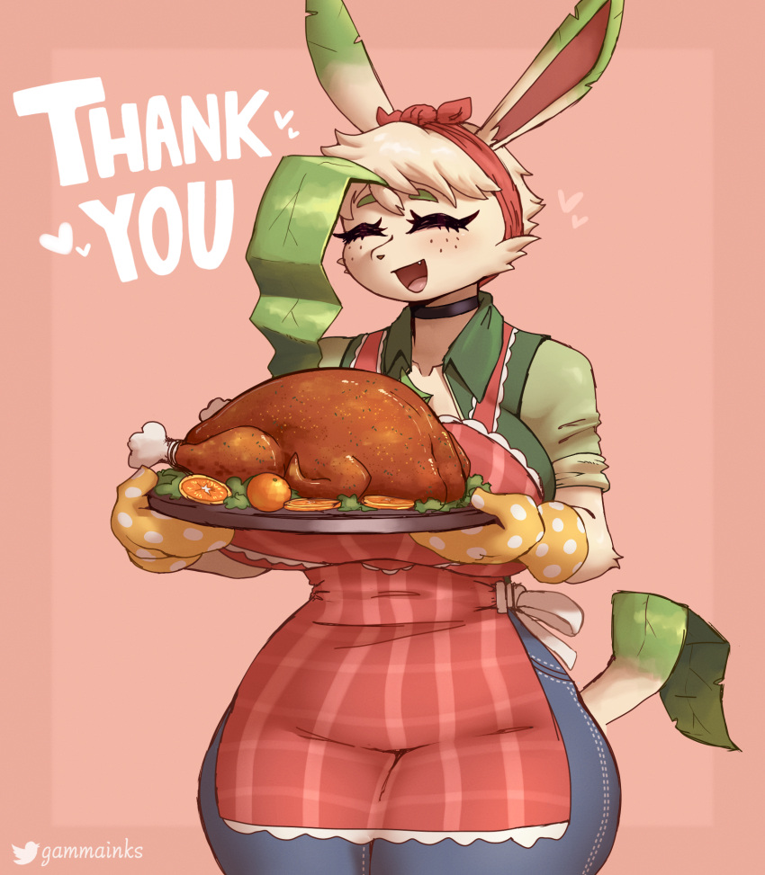 2023 anthro apron artist_name avian big_breasts bird blush breasts clothed clothing detailed detailed_food digital_media_(artwork) eeveelution english_text eyebrows eyelashes female food freckles galliform gammainks generation_4_pokemon handwear happy hi_res holidays leafeon malon_(gammainks) nintendo open_mouth oven_mitts phasianid pokemon pokemon_(species) simple_background smile solo text thank_you thanksgiving thick_thighs turkey wide_hips